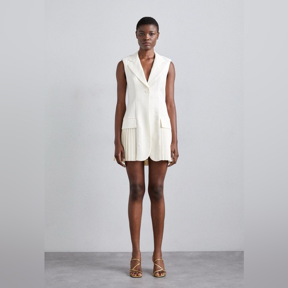 SANDRO MINI PLEATED SUIT DRESS - ECRU WHITE SIZE 6 US (38) (PREOWNED) - Picture 2 of 15
